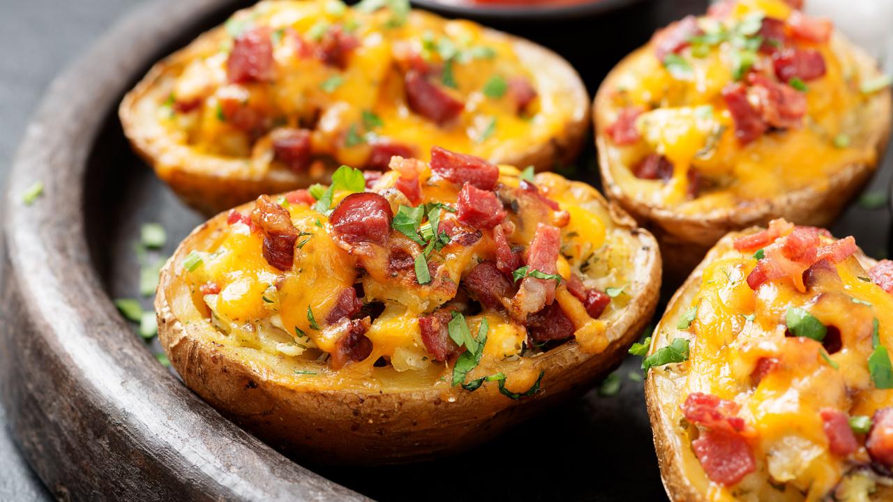 Bulvių puselės įdarytos šonine ir sūriu