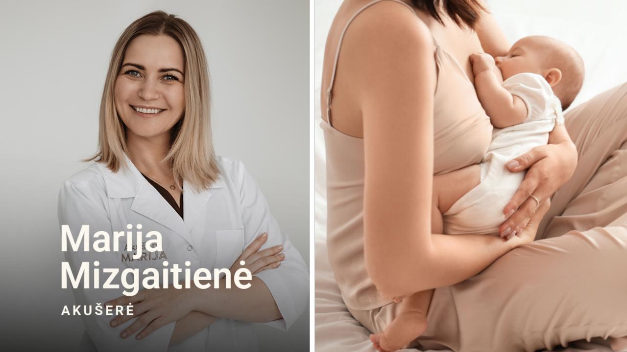 Akušerė Marija Mizgaitienė ir mama, žindanti kūdikį