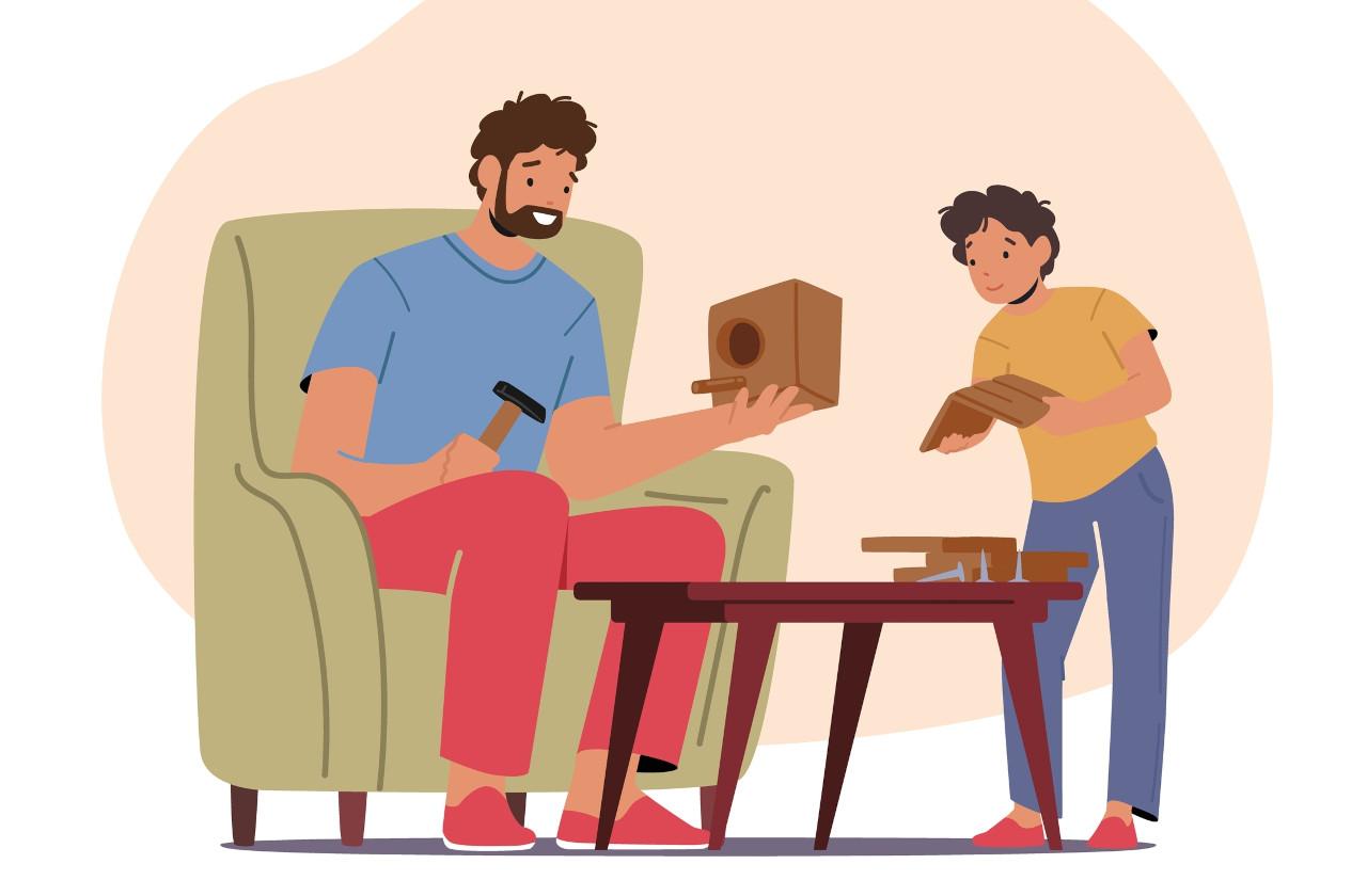 Tėtis ir sūnus gamina inkilą